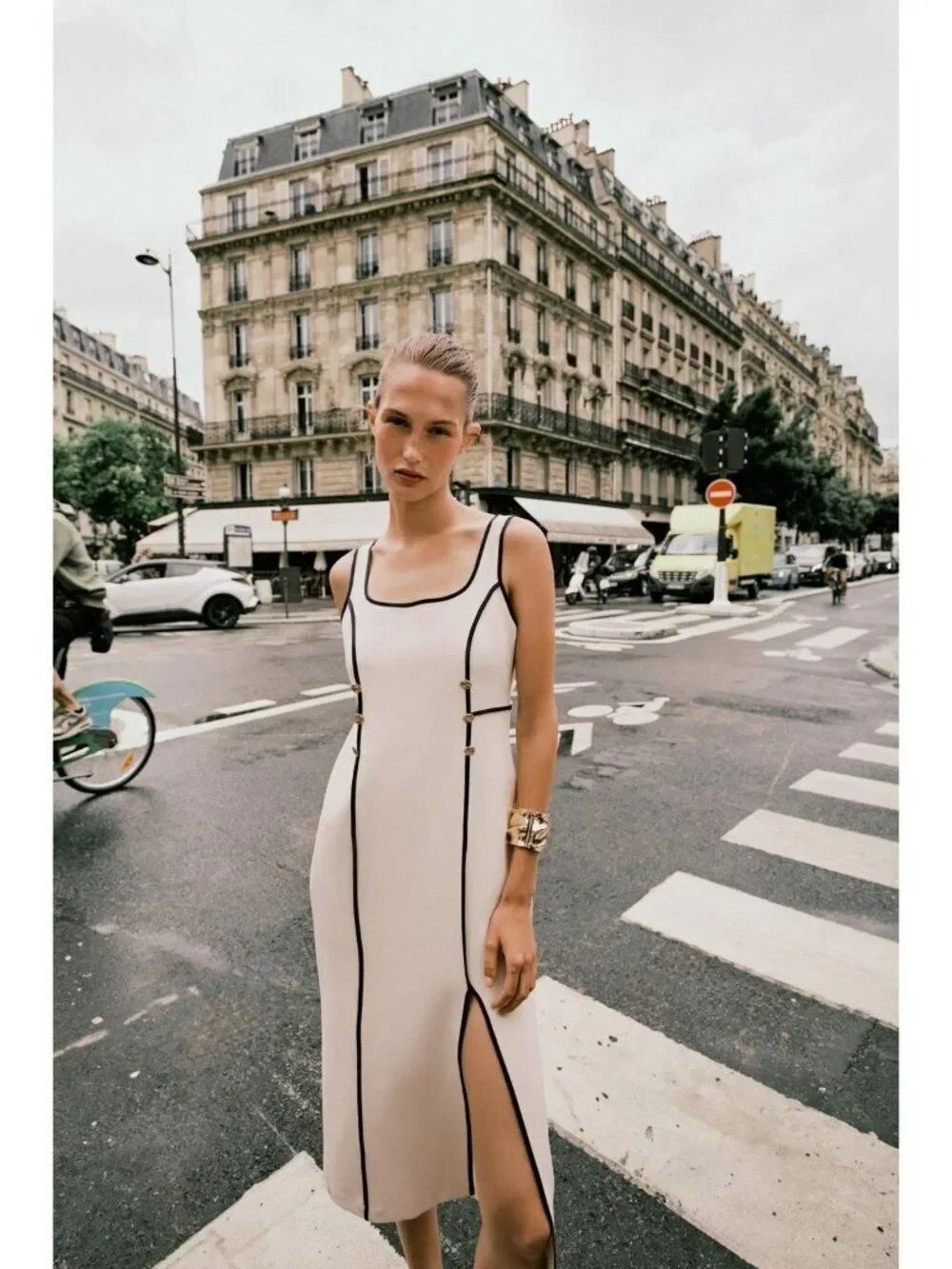 Zara Womens Midi Dress Medium Ecru Ivory Contrast Trim Square Neck 3897/162 NWT